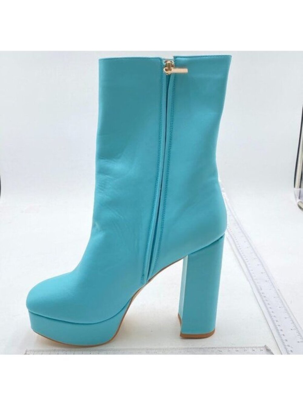 Blue Platform Closed Toe Ankle Boots Chunky High Heel Mid Calf Boot Zipper Shoes